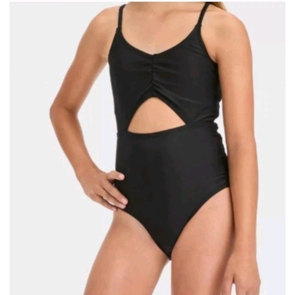 Girl's‎ Black One Piece Swimsuit, Cut-Out Monokini Swim Minimalism XS 4 / 5